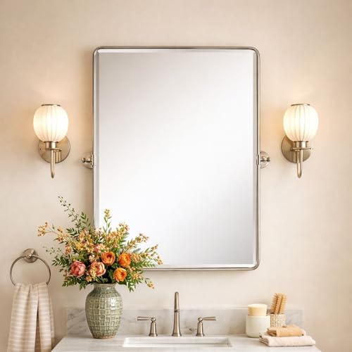 Farmhouse Pivot Rectangle Bathroom Mirror Chrome Metal Framed Tilting Beveled - Image 3
