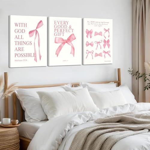 3 Pcs Coquette Pink Bow Canvas Wall Art Inspirational Bible Verses Bow Posters - Image 2