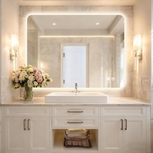 48''x36'' Lighted Mirrors for Bathroom Wall Backlit Rectangular Rounded Corners - Image 2