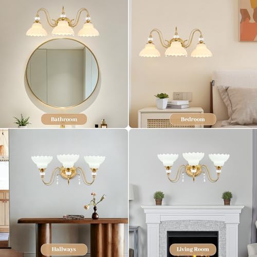 Vintage Bathroom Vanity Light, 3-Light Brushed Gold Finish Wall Sconce - Image 5