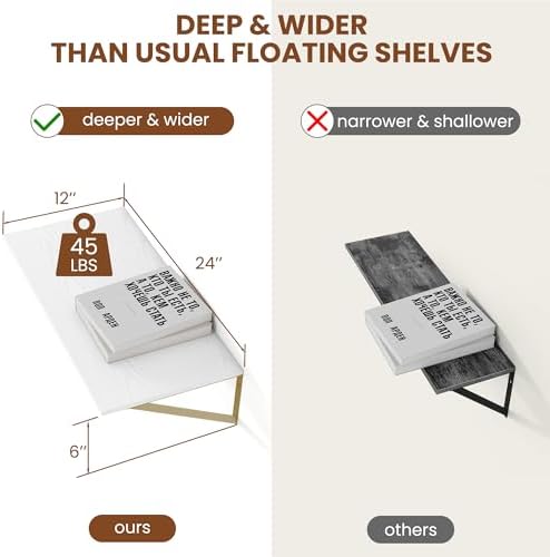 Heimlove 24W x 12D Deep Floating Shelves Set of 2 White & Gold - Image 3
