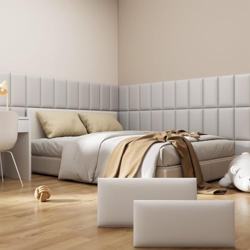 Peel and Stick Headboard Grey Upholstered Wall Panels, 4 Panels Sized 7.8" x by Greymond
