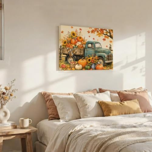 Fall Farmhouse Canvas Wall Art, Made in USA, Vintage Truck Pumpkins Sunflower - Image 3