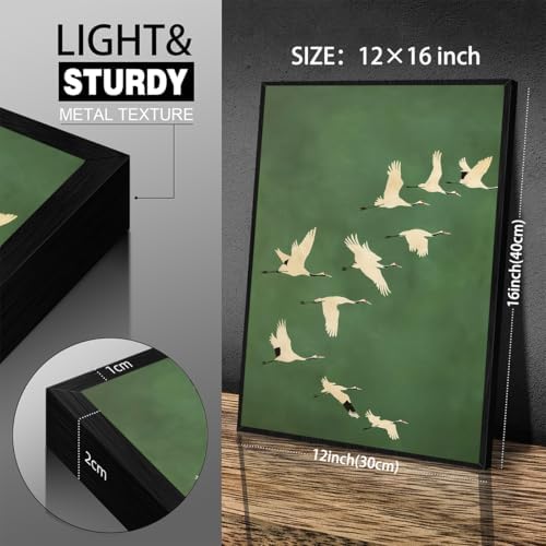 Emerald Green Gold Cranes Wall Art Japanese Bird Poster 08x10 inch Black Framed - Image 6
