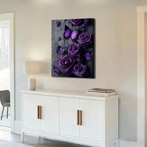 ZERILYN Ship Next Day Purple Rose Wall Art Canvas Prints Butterfly Canvas Art - Image 3