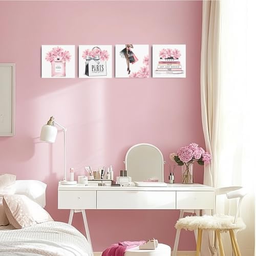 QINGTAI 4 Pcs Pink Fashion Canvas Wall Art, Perfume Handbag Wall Decor - Image 4