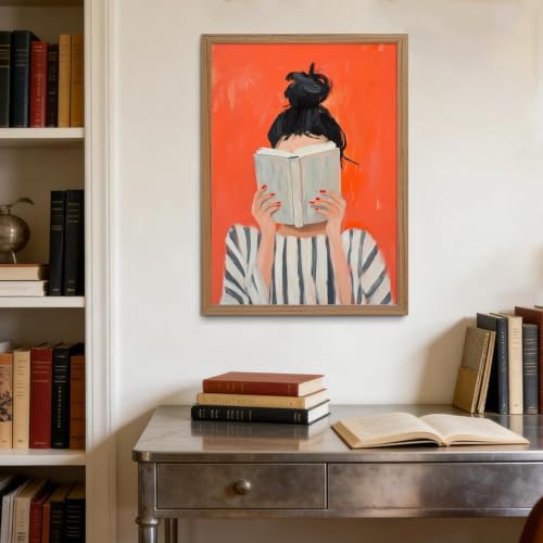 Abstract Framed Wall Art Reading Woman Canvas Print Bold Orange Wall Decor - Image 2