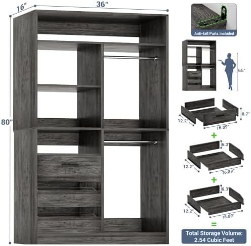 iSunirm 3FT Closet System with 6 Shelves, Wood Walk-in Closet with Closed & 2 - Image 2