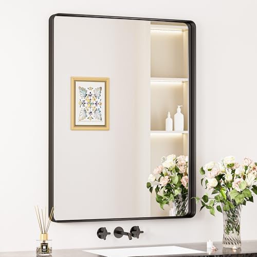 Keonjinn 28 x 36 Inch Black Bathroom Mirror, Tempered Glass Vanity Mirror by Keonjinn