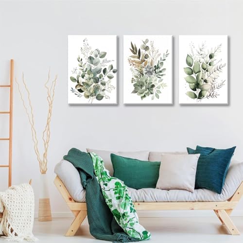 Bwodke Sage Green Botanical Canvas Wall Art Set of 3, 16x24 inch - Image 2