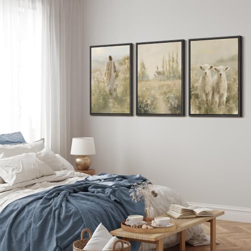 MUDECOR Framed Canvas Print Wall Art Set Jesus and Lambs - Image 3