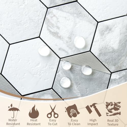 DICOFUN 10-Sheet White Hexagon Tile Peel and Stick Backsplash, Marble Look PVC - Image 3