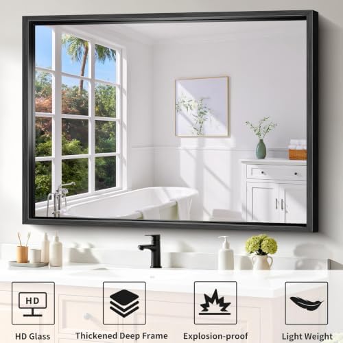 Black Rectangle Mirror, 48 x 36 Inch Large Bathroom Mirrors - Image 3