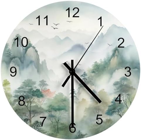 Forest Wall Clock, Watercolor Nature Woodland Green Forest Mountain Plant by LOMADIA