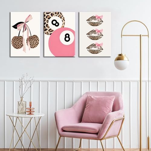 Trendy Pink Leopard Bow Canvas Wall Art Set of 3 Funky Cherry Lucky 8 Ball - Image 5