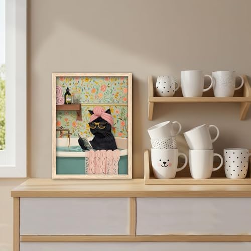 ICHZUMW Framed Funny Black Cat in Bathtub Canvas Bathroom Wall Art 12x16 In - Image 2