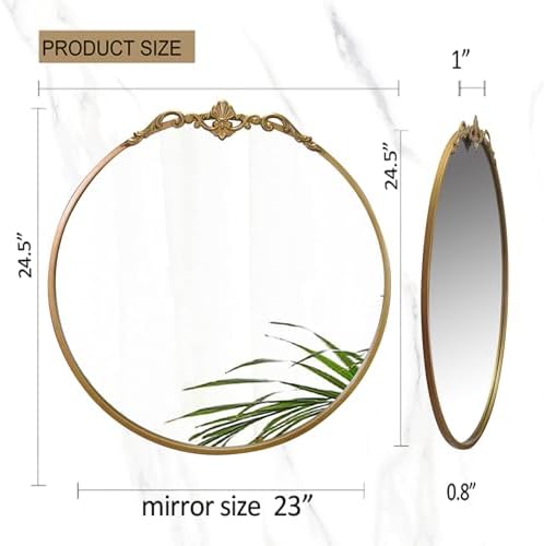 Round Gold Mirror 24.5in Ornate Baroque Antique Bathroom Mirror Large Circle - Image 4