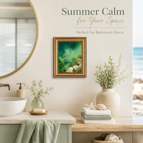 Gold Framed Wall Art, Swimming in Green Abstract Canvas Prints – Vintage - Image 2