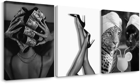 Black White Leopard Wall Art Trendy Cheetah Canvas Wall Decor Fashion Cocktail by Youillne