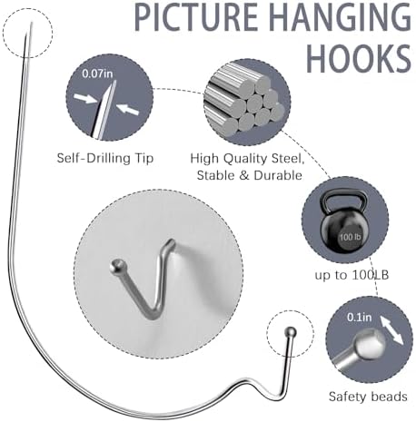 Picture Hangers Hooks 20Pcs, Heavy Duty Drywall Hooks Holds Up to 100 lbs - Image 2