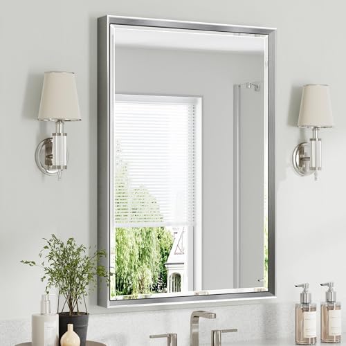 Silver Bathroom Mirror, 24x36 Inch Beveled Silver Vanity Mirror by QUEENFUN
