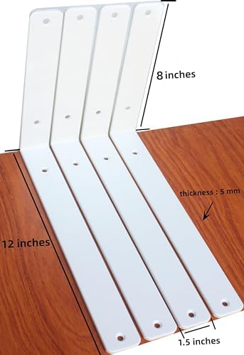 4 Pack - L 12" x H 8" x W1.5, 5mm Thick White L Shelf Bracket, Iron Shelf - Image 2