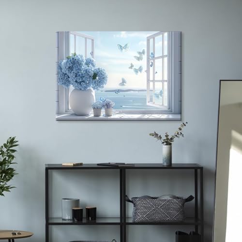 Open Window Canvas Wall Art Blue Hydrangea Floral Vase Butterfly Wall Decor - Image 7