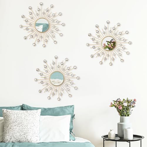 Uaussi 3 Pack Crystal Sunburst Wall Mirror Décor Rhinestone Mirrors Decorative - Image 3