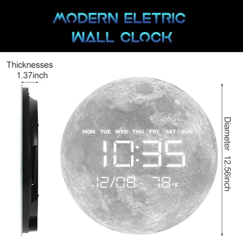 Digital Wall Clock, LED Moon/Earth Design, Temperature Display, 7.87 x 7.87 - Image 2