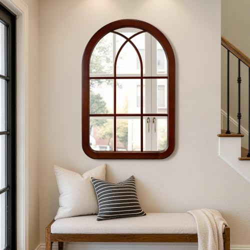 Arched Mirror 24 x 36 Inch, Window Walnut Brown Wood Bathroom Mirror - Image 3