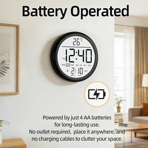 8" Round LCD Digital Wall Clock Battery Operated - Image 4