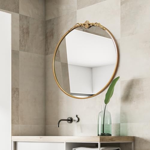 Round Gold Mirror 24.5in Ornate Baroque Antique Bathroom Mirror Large Circle - Image 5