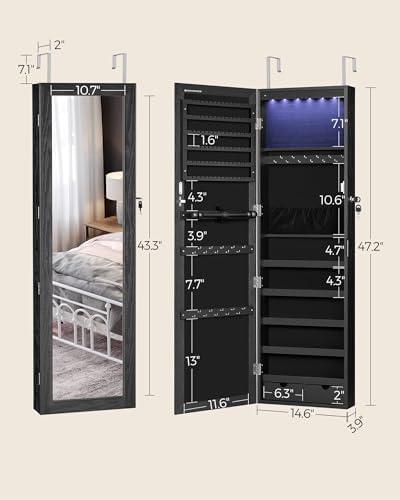 SONGMICS 6 LEDs Mirror Jewelry Cabinet, 47.2-Inch Tall - Image 6