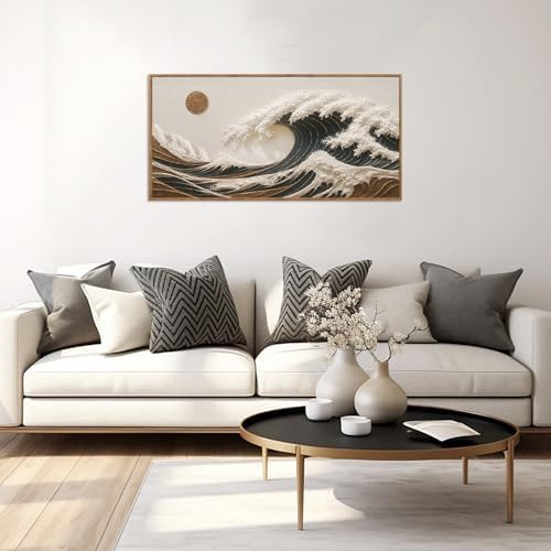 HLNIUC Boho Sea Great Wave Framed Canvas Wall Art, Vintage Japanese Ocean - Image 3