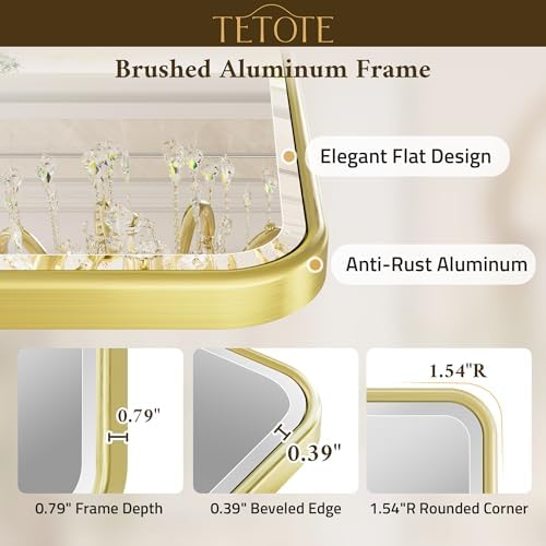 TETOTE Brushed Gold Mirror 20 x 30 Beveled Edge Tempered Glass, Rounded Corner - Image 3