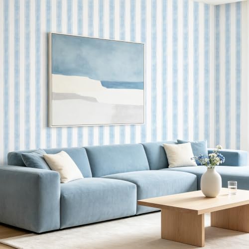 17.3" x 1200" Watercolor Blue Striped Peel and Stick Wallpaper - Image 3