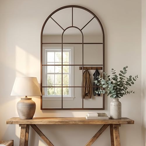 Brown Framed 48x28Inch Arched Window Pane Mirror| Arched Mirrors by SalkalaDecor