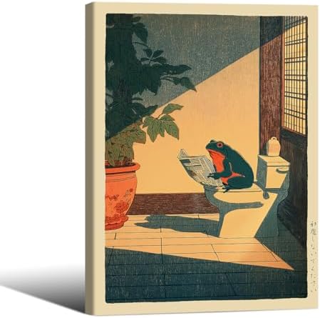 Japanese Frog Framed Wall Art Cute Animal Canvas Print Funny Frog On The Toilet by Unknown
