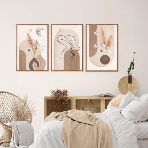 CHDITB Boho Neutral Framed Wall Art Beige Minimalist Line Art Woman Artwork - Image 3