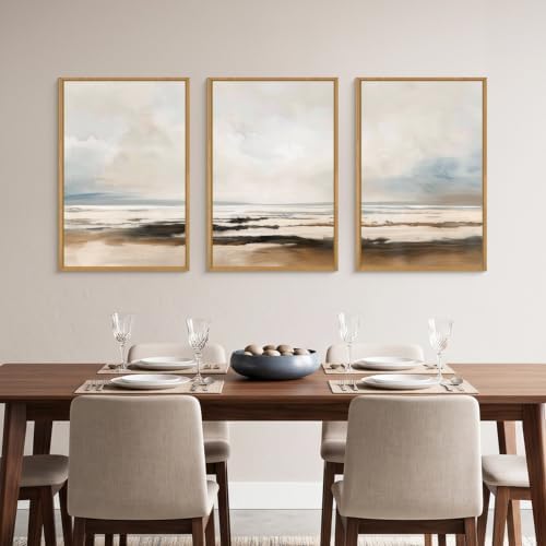 HOURIA Neutral Abstract Gray Landscape Framed Canvas Wall Art Set-24"x36"x3 - Image 3