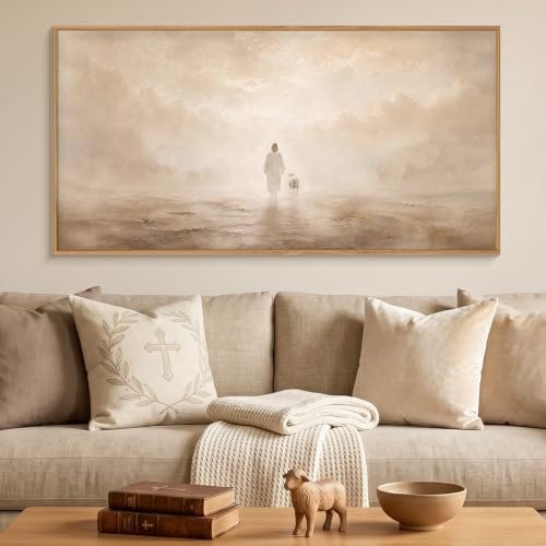 Christian Jesus and Lost Lamb Framed Canvas Wall Art-40"x20"x1 - Image 2