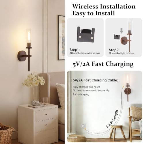 Shenmoyl Battery Operated Wall Sconces Set of 2, Walnut Color Rechargeable Wall - Image 6