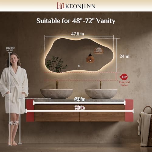 Keonjinn 48 x 24 Inch Asymmetrical Backlit Bathroom Mirror, Tempered Glass - Image 3