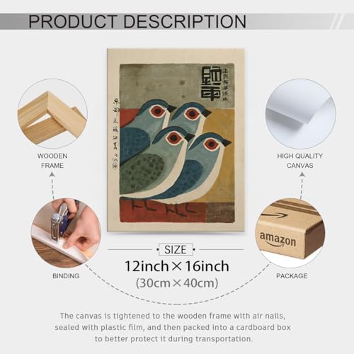Mid Century Japanese Bird Wall Art Retro Blue Bird Canvas Poster 12x16 inch - Image 2