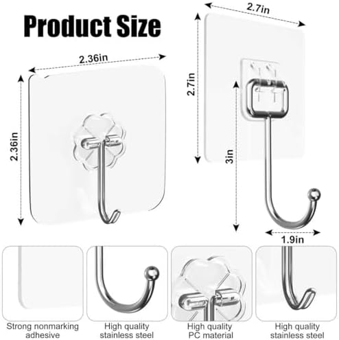 Ninth Five 30Pack Adhesive Hooks Set, Heavy Duty Clear Wall Hooks - Image 2