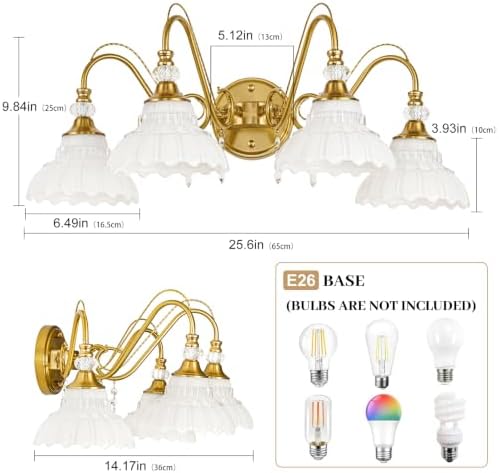Vintage Bathroom Vanity Light, 4-Light Brushed Gold Finish Wall Sconce - Image 6