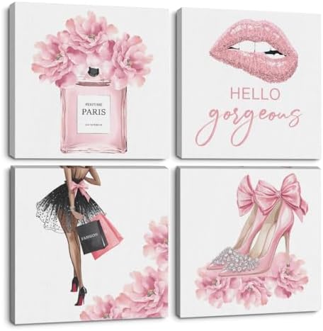 Pink Fashion Canvas Wall Art, Perfume High Heels Lipstick Beauty Wall Decor by QINGTAI