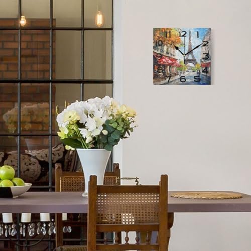 8 Inch Square Wall Clock, Colors Streetscape Paris Eiffel Tower Painting Non - Image 2