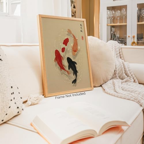 Japanese Koi Fish Poster Minimalist Asian Wall Art Vintage Zen Water Painting - Image 3