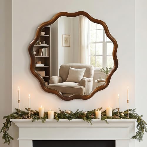 GDFStudio 36 Inch Wavy Round Solid Wood Frame Mirror, Bohemian Decorative Wall - Image 4